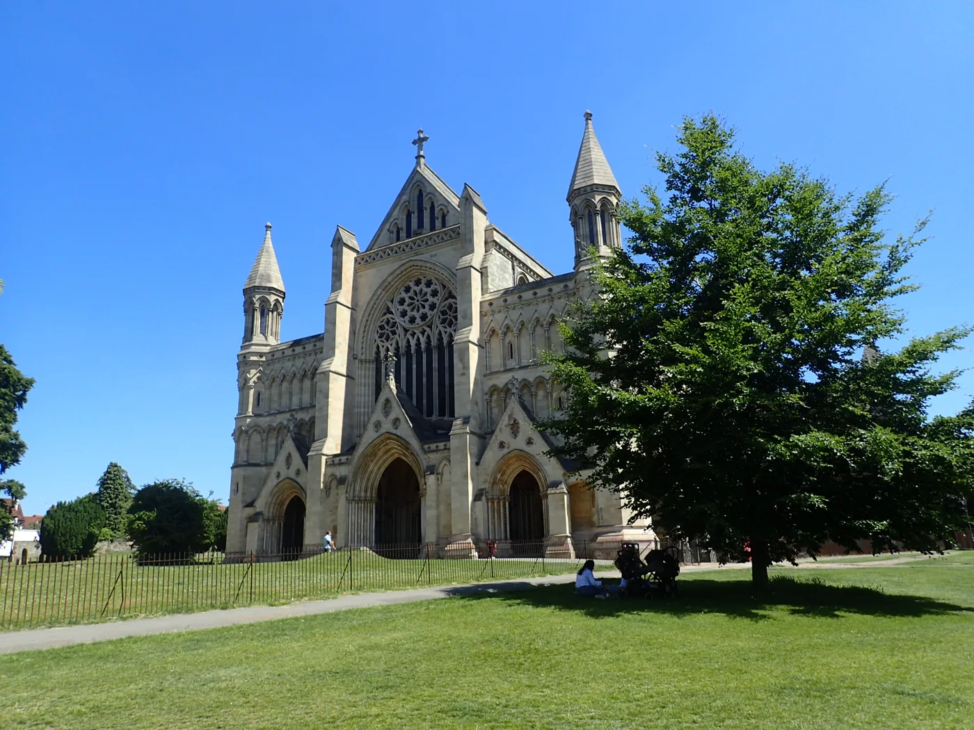 The west front of St Albans Cathedral in 2022. The great west doors are where the incoming bishop knocked for admission on Saturday morning