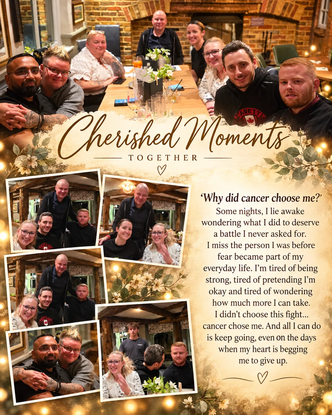 A collage headed Cherished Moments Together, with a group photograph at a long table and smaller pictures from the same evening, beside the same passage