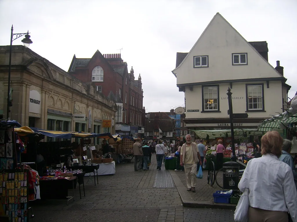 Market stalls in Market Place, St Albans city centre