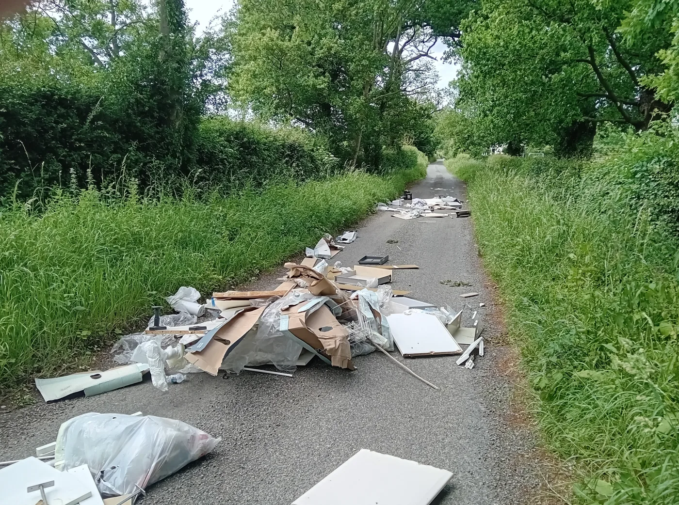 Fly-tipping strewn along Deeves Hall Lane at Ridge, in the neighbouring Hertsmere district about six miles south east of St Albans. This is not one of the incidents in the council report, but it is the pattern it describes: commercial waste dumped in a quiet rural lane