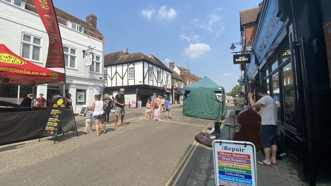 Market Place, St Albans on a market day. None of the businesses in this photograph is named in this article